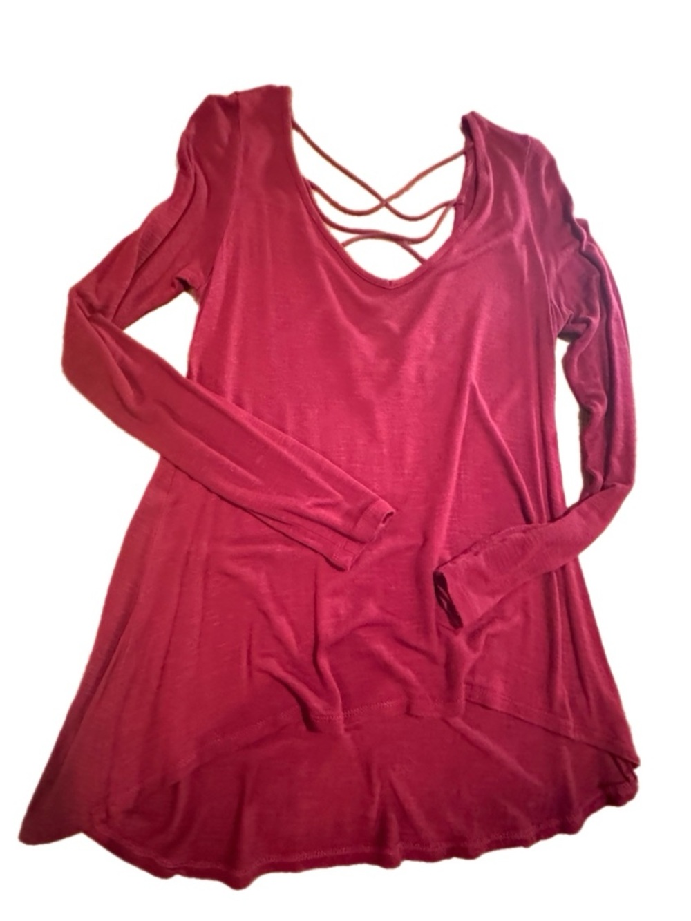 happening in the present Burgundy Long-Sleeve Crisscross Back Top Size Small